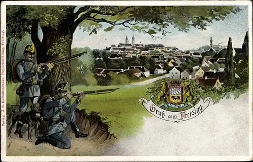 Ak Freising in Oberbayern, Soldaten, Hund, Blick auf die Stadt