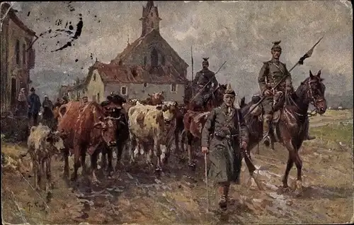 Künstler Ak Koch, G., Deutsche Soldaten in Uniformen, Kuhherde, Ulanen, Viehbeitreibung