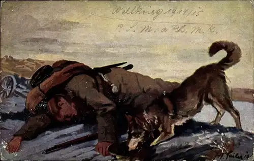 Künstler Ak Der Sanitätshund im Felde, Auffinden eines verwundeten deutschen Soldaten