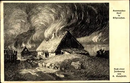 Künstler Ak Bielefeldt, B., Ostpreußen, Brennendes Dorf, I. WK