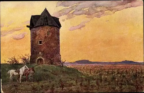 Künstler Ak Kriegsschauplatz der 26. Reserve-Division, Soldat mit Pferden, Turm