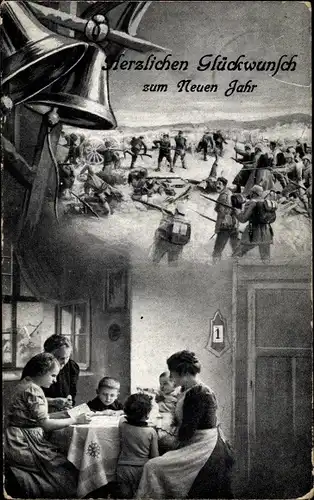 Ak Glückwunsch Neujahr, Mutter mit Kindern, Großmutter, kämpfende Soldaten, Glocken