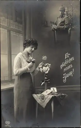 Ak Glückwunsch Neujahr, Frau, Soldat im Feld, Soldatenliebe