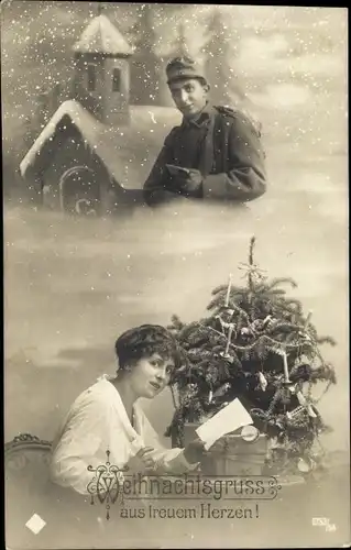 Ak Glückwunsch Weihnachten, Frau am Weihnachtsbaum, Brief, Soldatenliebe
