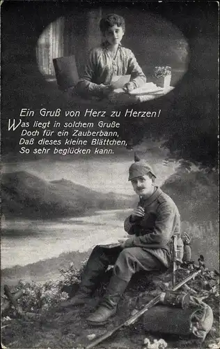 Ak Ein Gruß von Herz zu Herzen, Soldatenliebe, Soldat in Uniform, Gewehr