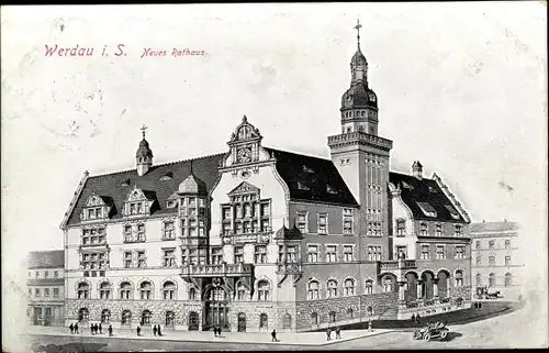 Ak Werdau in Sachsen, Neues Rathaus, Straßenpartie