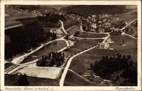 Ak Brunn Auerbach im Vogtland, Gemeindebad, Fliegeraufnahme