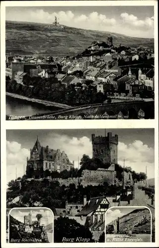 Ak Bingen am Rhein, Burg Klopp, Nationaldenkmal, Drususbrücke, Ruine Ehrenfels