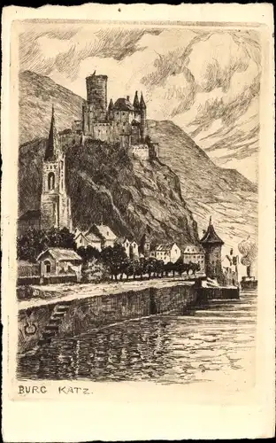 Künstler Ak Sankt Goarshausen am Rhein, Burg Katz