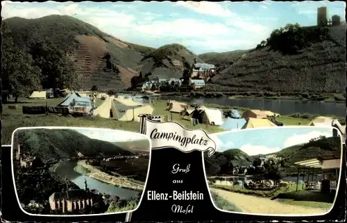 Ak Ellenz Poltersdorf an der Mosel, gegenüber Beilstein, Campingplatz, Panorama