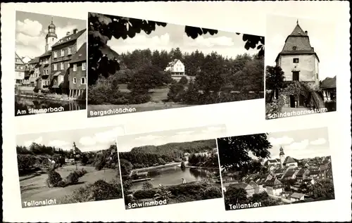 Ak Simmern im Hunsrück, Bergschlösschen, Schinderhannesturm, Schwimmbad, Am Simmerbach