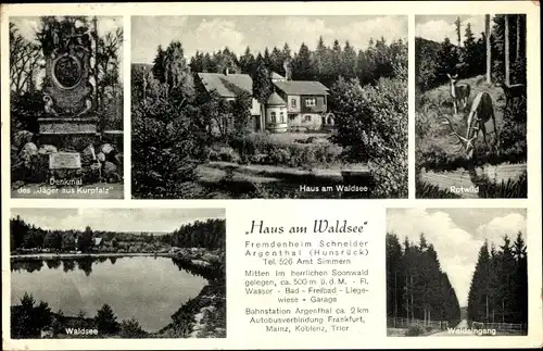 Ak Argenthal Hunsrück, Haus am Waldsee, Fremdenheim Schneider, Rotwild, Denkmal Jäger aus Kurpfalz