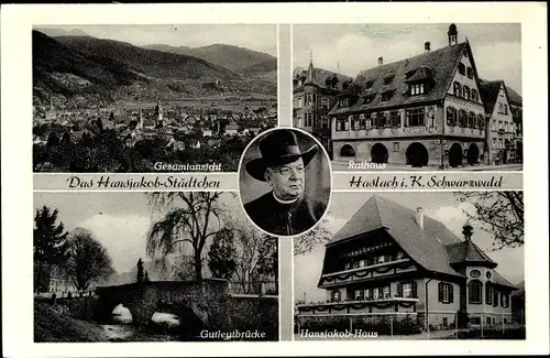 Ak Haslach im Kinzigtal Schwarzwald, Rathaus, Gutleutbrücke, Hansjakob-Haus, Gesamtansicht