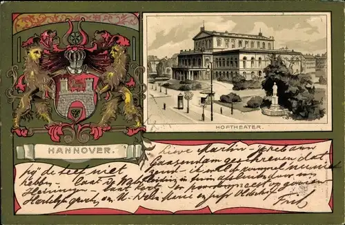 Präge Wappen Litho Hannover in Niedersachsen, Hoftheater