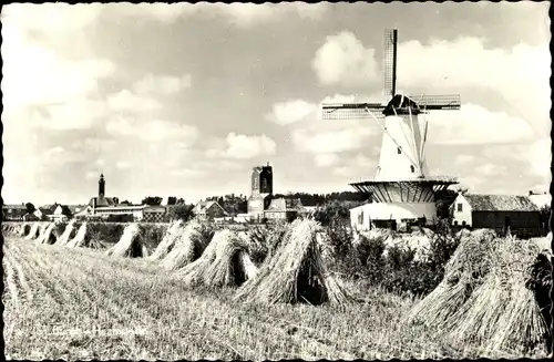 Ak Burgh Haamstede Schouwen Duiveland Zeeland Niederlande, Molen, Windmühle, Kirchen, Stroh
