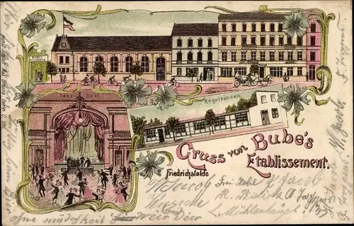 Litho Berlin Lichtenberg Friedrichsfelde, Bube's Etablissement, Kegelbahnen, Innenansicht