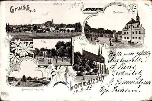 Litho Lommatzsch in Sachsen, Post, Marktplatz, Kirche, Bahnhof, Glasfabrik