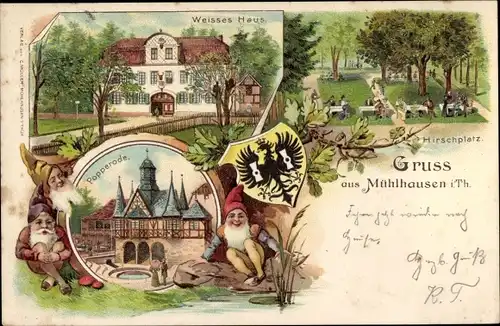 Litho Mühlhausen in Thüringen, Weißes Haus, Poppenrode, Hirschplatz, Wappen, Zwerge