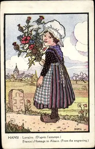 Künstler Ak Hansi, Jean Jacques Waltz, Lorraine, Lothringerin mit Blumen