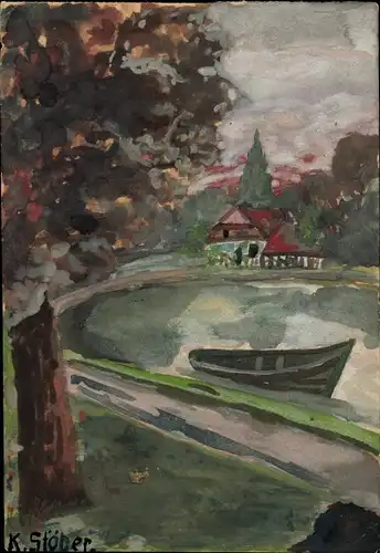 Handgemalt Künstler Ak Stöber, K., Ruderboot, Wohnhaus, Baum