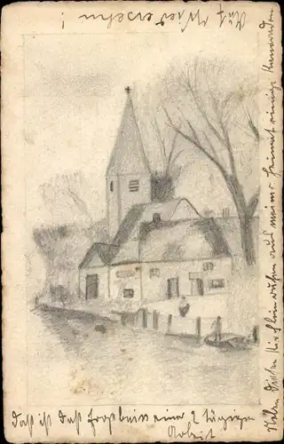 Handgemalt Ak Dorfpartie in Frankreich, Kirchturm, Wohnhäuser