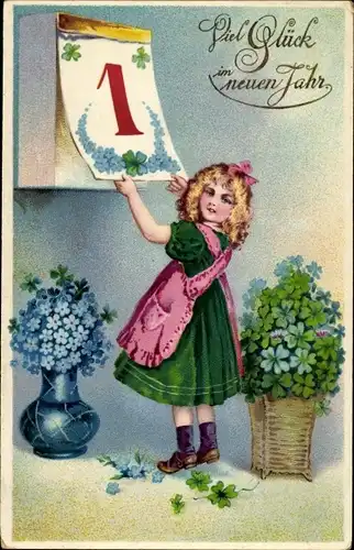 Ak Glückwunsch Neujahr, Mädchen reißt ein Kalenderblatt ab, Glücksklee, Vergissmeinnicht