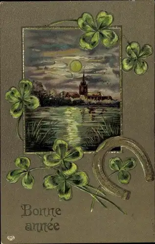 Präge Ak Bonne Année, Glückwunsch Neujahr, Ort im Mondschein, Glücksklee, Hufeisen