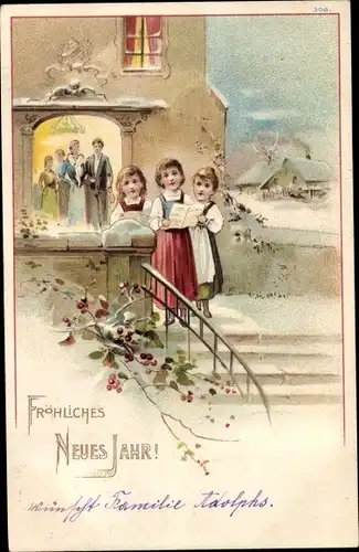 Litho Glückwunsch Neujahr, Singende Kinder, Freitreppen