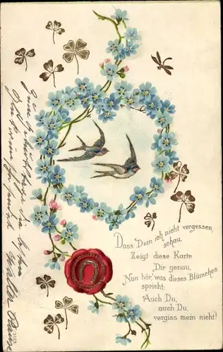 Präge Ak Schwalben, Siegel, Glücksklee, Vergissmeinnicht