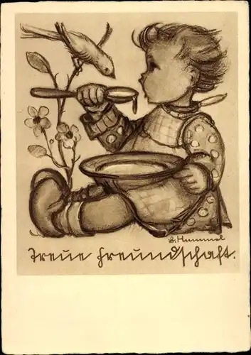Künstler Ak Hummel, Berta, Treue Freundschaft, Kind, Vogel