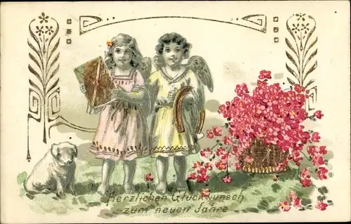 Präge Ak Glückwunsch Neujahr, Zwei Engel, Schwein, Hufeisen, Blumen