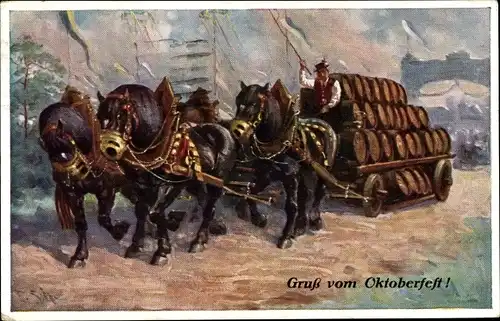 Künstler Ak Gruß vom Oktoberfest, Pferdewagen, Bierkutsche