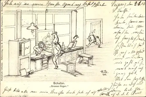 Künstler Ak Zwerg am Schalter, Großer Ärger, Amt