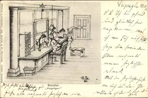Künstler Ak Zwerg am Schalter, Vergnügen, Amt