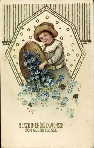 Präge Ak Glückwunsch Geburtstag, Kind, Korb, Vergissmeinnicht