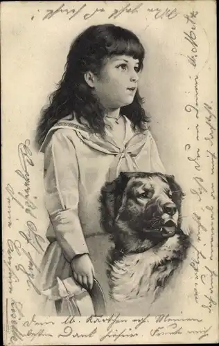 Litho Mädchen mit Hund, Kinderportrait