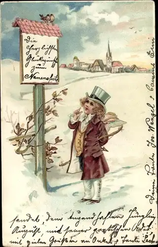 Litho Amor im Mantel, Bogen und Pfeil, Vögel, Winterszene, Glückwunsch Namenstag