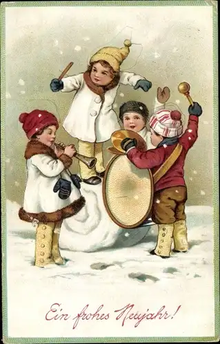 Präge Ak Glückwunsch Neujahr, Kinder musizieren im Schnee, Trommler, Flöte
