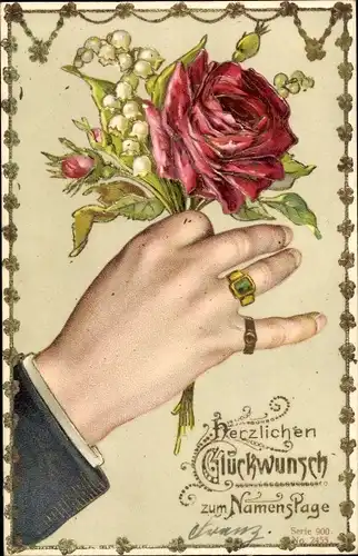 Präge Litho Glückwunsch Namenstag, Hand, Ring, Rose, Maiglöckchen