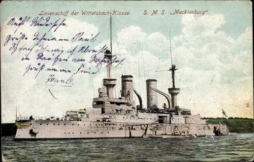 Ak Deutsches Kriegsschiff, SMS Mecklenburg, Linienschiff der Wittelsbach Klasse, Kaiserliche Marine