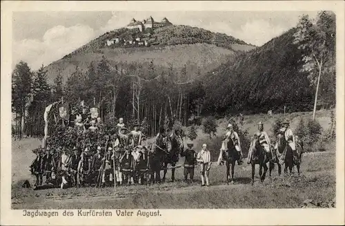 Ak Augustusburg, Jagdwagen des Kurfürsten Vater August, Schloss, Reiter