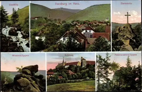 Ak Ilsenburg im Harz, Ilsenstein, Schloss, Paternosterklippen, Westerklippen, Ilsefälle