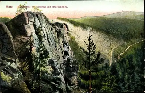 Ak Eckertal Bad Harzburg am Harz, Fels mit Brockenblick, Panorama