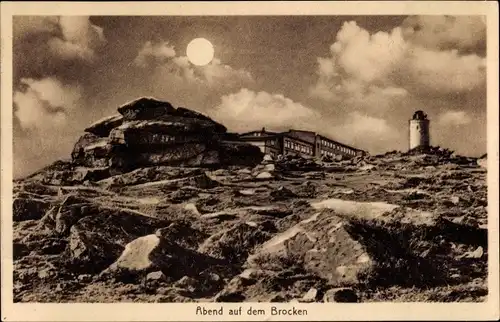 Ak Brocken Nationalpark Harz, Abend auf dem Brocken, Mondschein, Vollmond