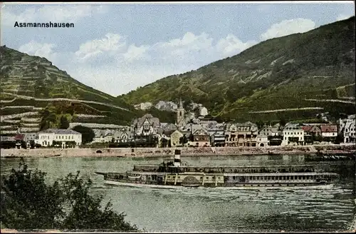 Ak Assmannshausen Rüdesheim am Rhein, Uferpartie, Dampfer