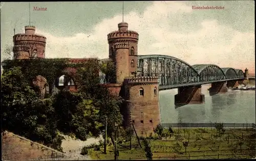 Ak Mainz am Rhein, Eisenbahnbrücke