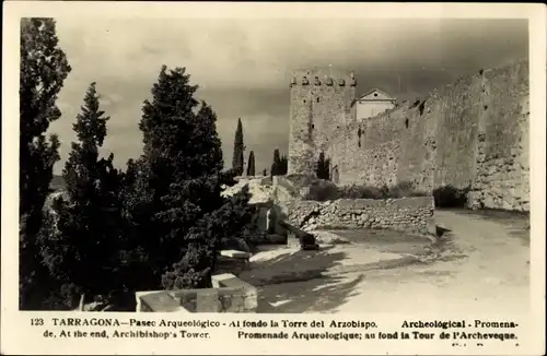 Ak Tarragona Katalonien Spanien, Paseo Arquelogico, Al fondo la Torre del Arzobispo