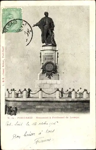 Ak Port Said Ägypten, Statue de Ferdinand de Lesseps