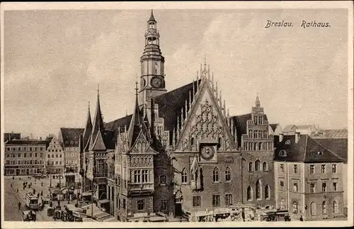 Ak Wrocław Breslau Schlesien, Rathaus, Straßenbahn