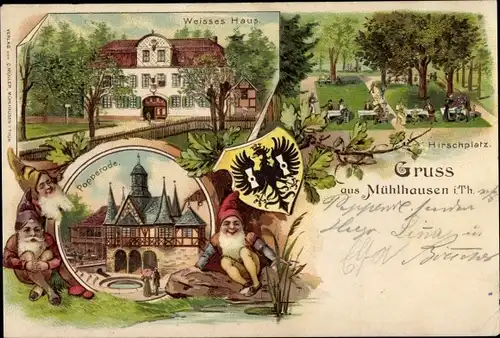 Litho Mühlhausen in Thüringen, Weißes Haus, Poppenrode, Hirschplatz, Wappen, Zwerge